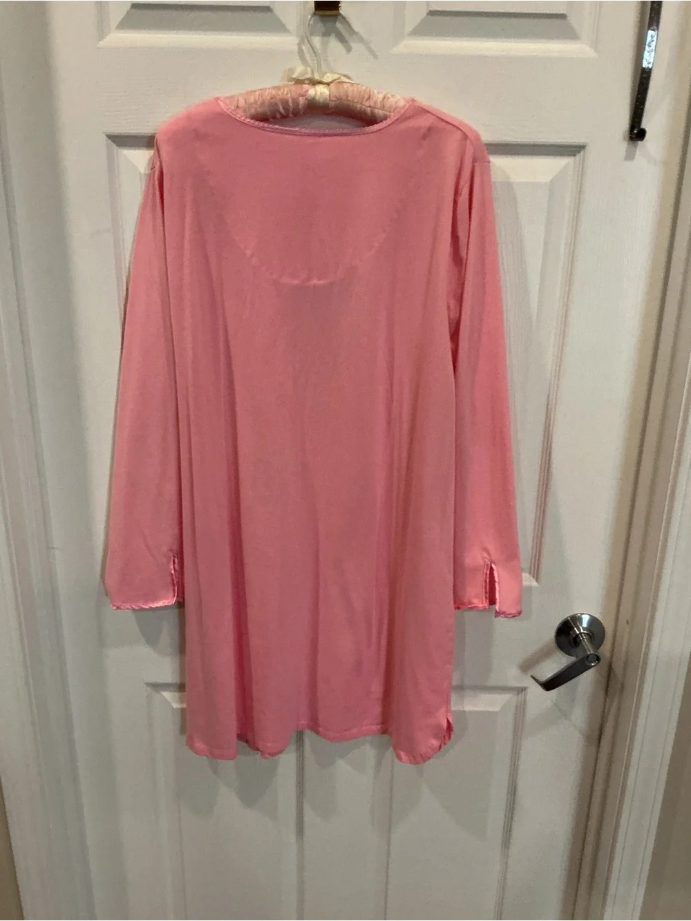 Pink Long-Sleeve V-Neck Nightgown with Penguin Graphic